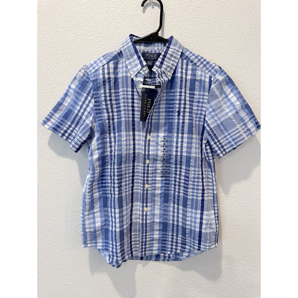 NWT Polo Ralph Lauren Blue Pony Plaid Seersucker Button Down Boys M 10/12 Preppy